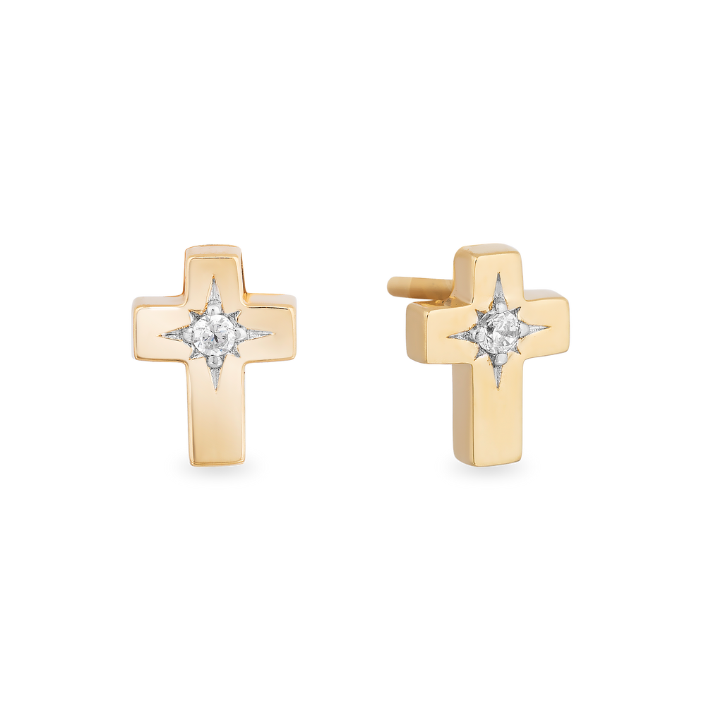 Hallmarkfinejewelry Cross Stud Diamond Earrings in Yellow Gold View 1