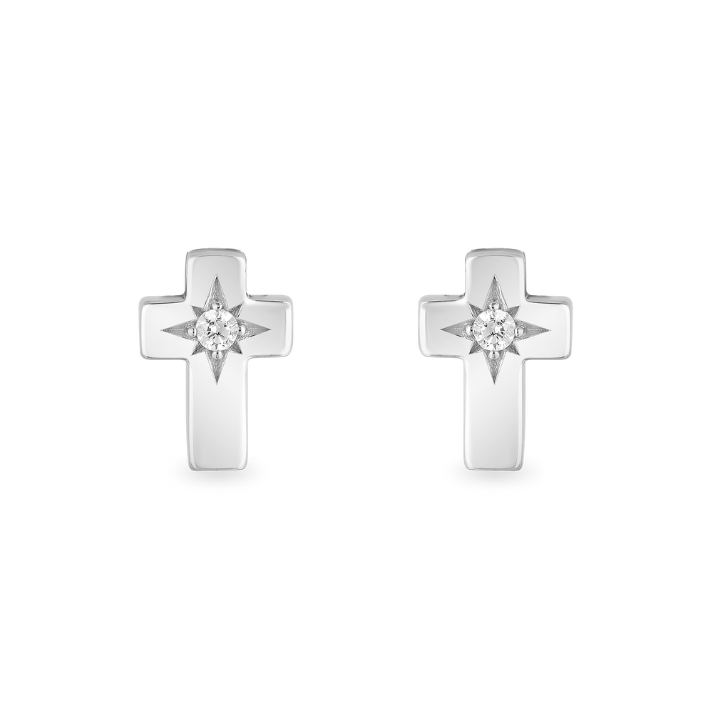 Hallmarkfinejewelry Cross Stud Diamond Earrings in Sterling Silver View 1