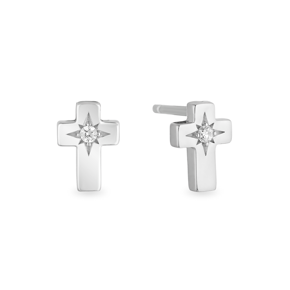 Hallmarkfinejewelry Cross Stud Diamond Earrings in Sterling Silver View 1
