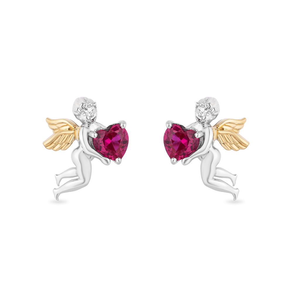Hallmarkfinejewelry Cupid Diamond Earrings in Sterling Silver & Yellow Gold with Created Ruby View 1