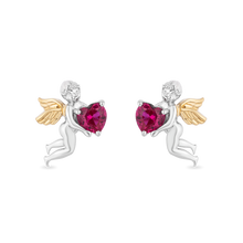 Load image into Gallery viewer, Hallmarkfinejewelry Cupid Diamond Earrings in Sterling Silver &amp; Yellow Gold with Created Ruby View 1
