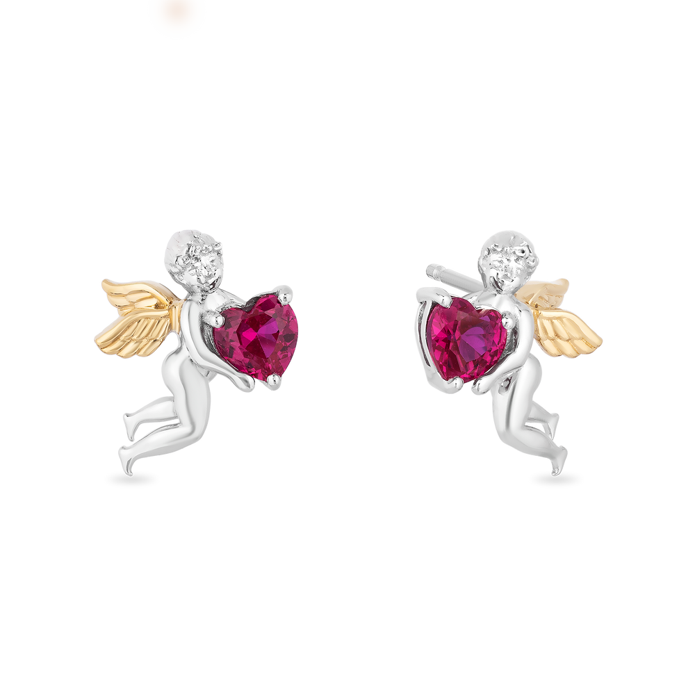 Hallmarkfinejewelry Cupid Diamond Earrings in Sterling Silver & Yellow Gold with Created Ruby View 1