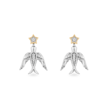 Load image into Gallery viewer, Hallmarkfinejewelry Stars &amp; Swallows Stud Diamond Earrings in Sterling Silver &amp; Yellow Gold View 1
