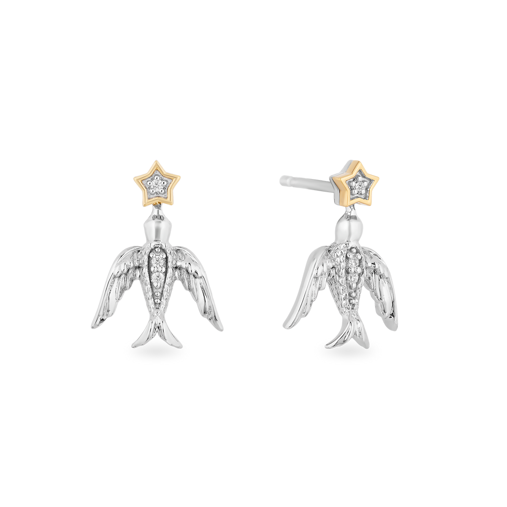 Hallmarkfinejewelry Stars & Swallows Stud Diamond Earrings in Sterling Silver & Yellow Gold View 1