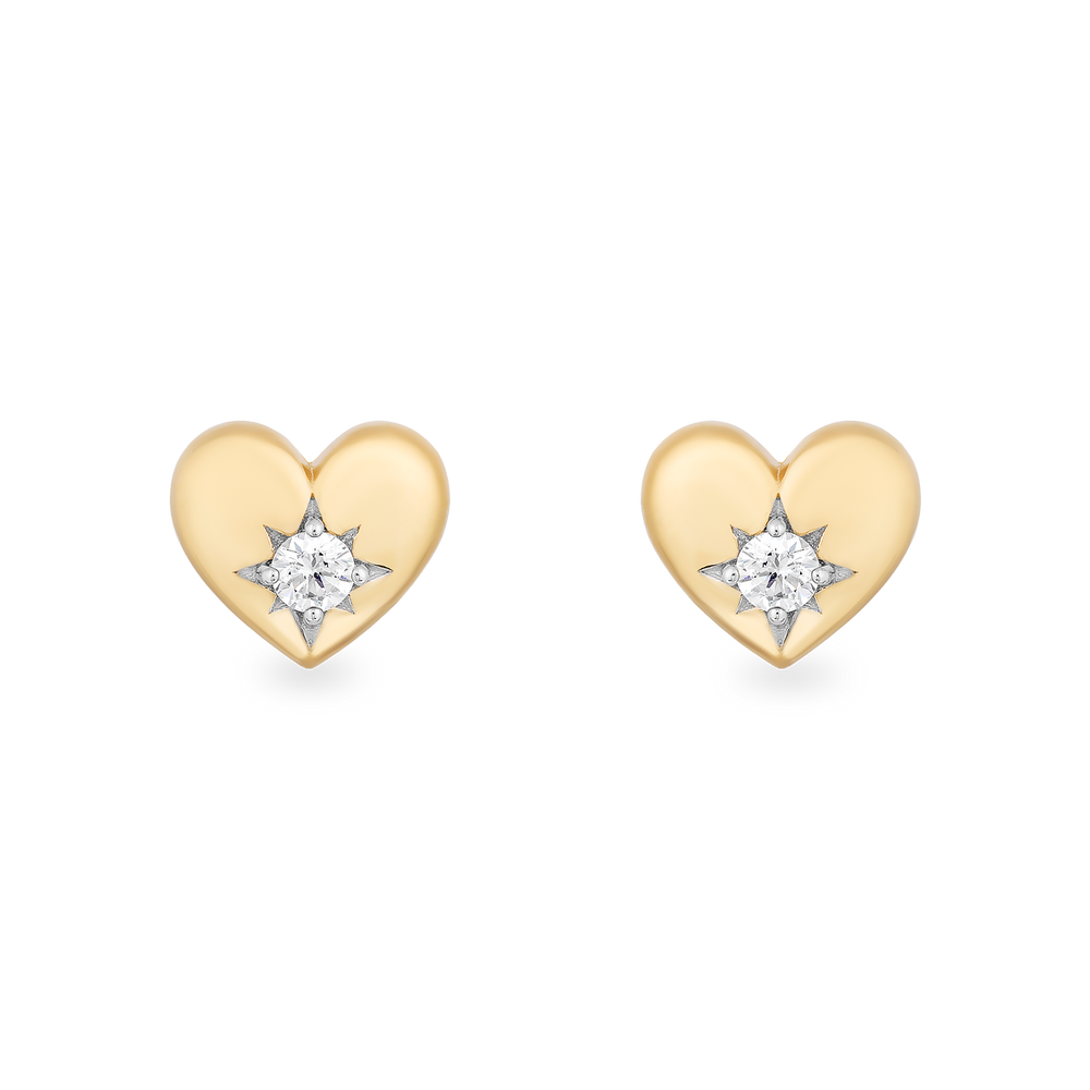 Hallmarkfinejewelry Puffed Heart in Yellow Gold Stud Diamond Earrings View 1
