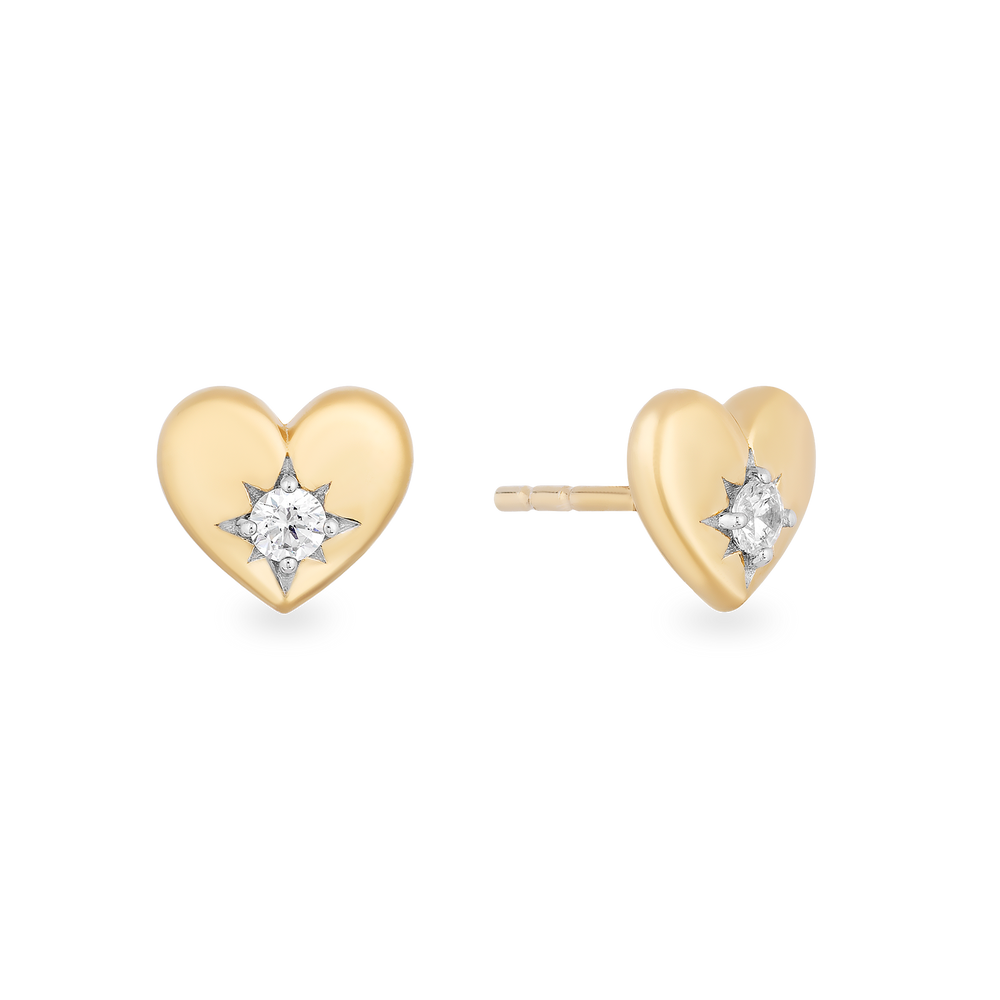 Hallmarkfinejewelry Puffed Heart in Yellow Gold Stud Diamond Earrings View 1