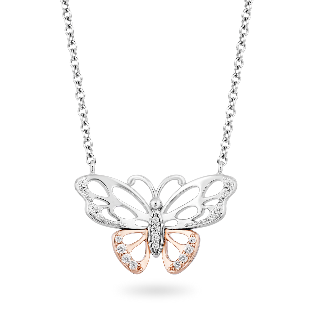 Hallmarkfinejewelry Butterfly Diamond Necklace in Sterling Silver & Rose Gold View 1