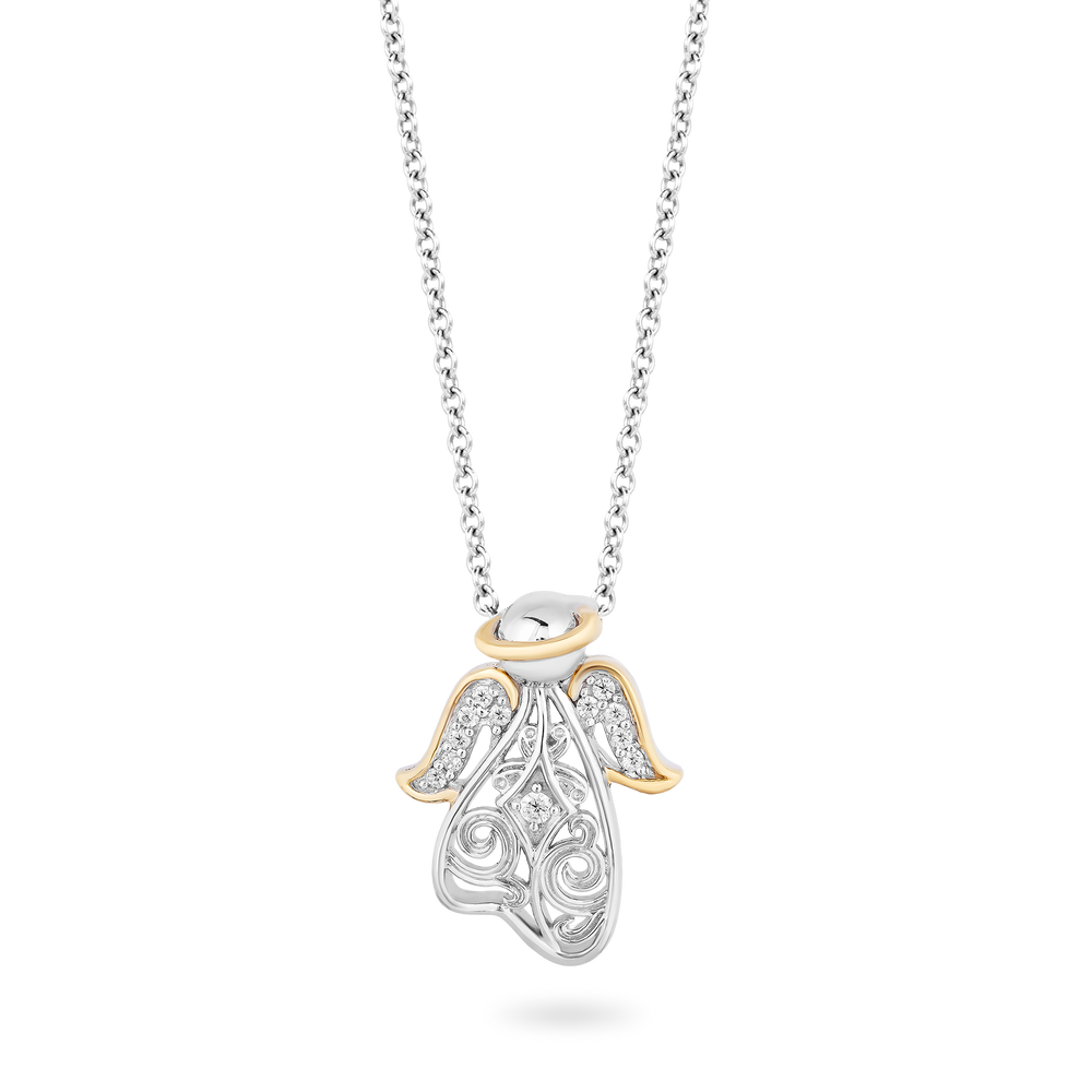 Hallmarkfinejewelry Filigree Angel Diamond Pendant in Sterling Silver & Yellow Gold View 1