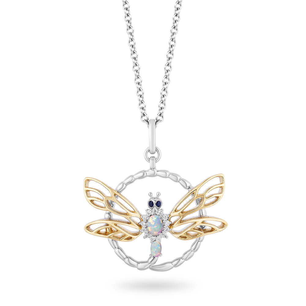 Hallmarkfinejewelry Dragonfly Circle Diamond Pendant in Sterling Silver & Yellow Gold & Created Opal & Sapphire View 1