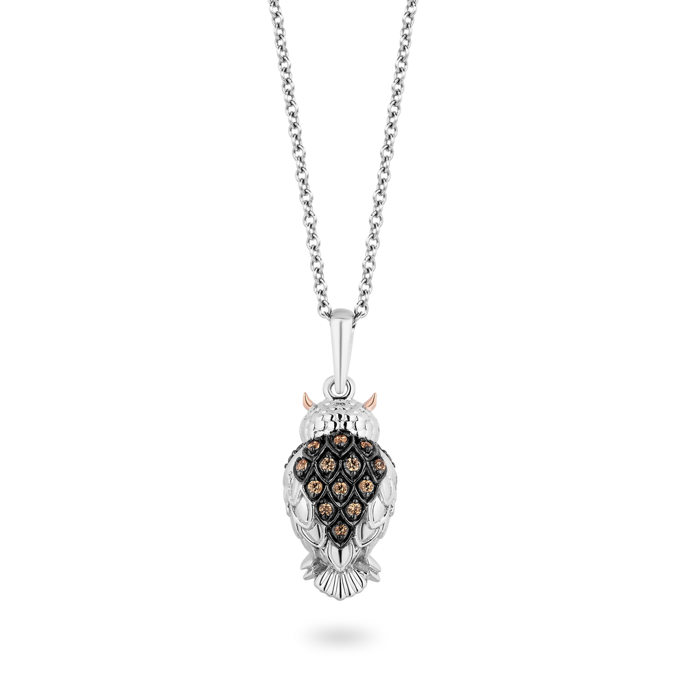 Hallmarkfinejewelry Owl Black Diamond Pendant in Sterling Silver & Rose Gold View 1