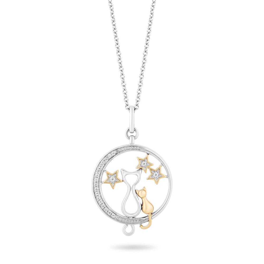Hallmarkfinejewelry Star Gazing Mom & Baby Cat Diamond Pendant in Sterling Silver & Yellow Gold View 1