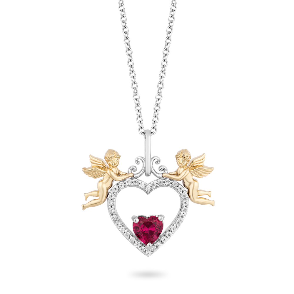 Hallmarkfinejewelry Cherubs with Heart Diamond Pendant in Sterling Silver & Yellow Gold with 1/6 CTTW & Created Ruby View 1