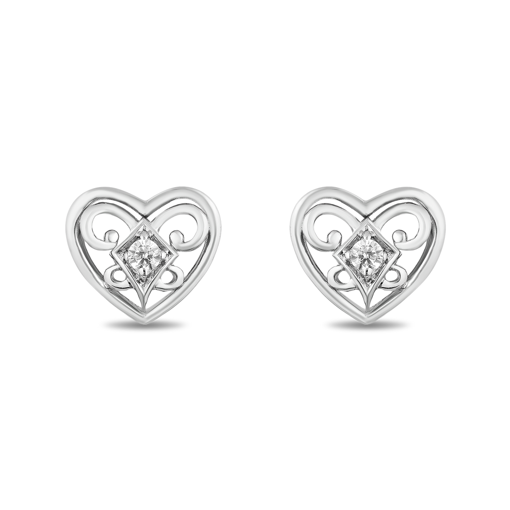 Hallmarkfinejewelry Filigree Romantic Heart Stud Diamond Earrings in Sterling Silver View 1