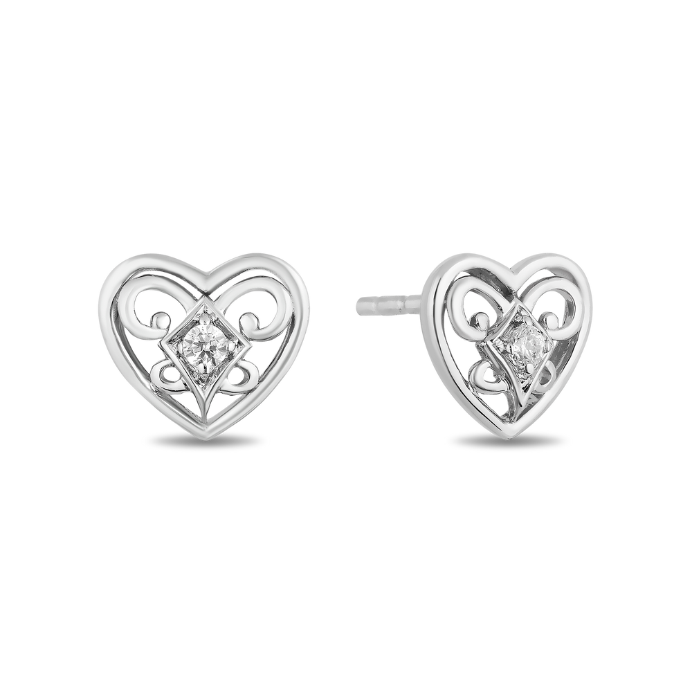 Hallmarkfinejewelry Filigree Romantic Heart Stud Diamond Earrings in Sterling Silver View 1