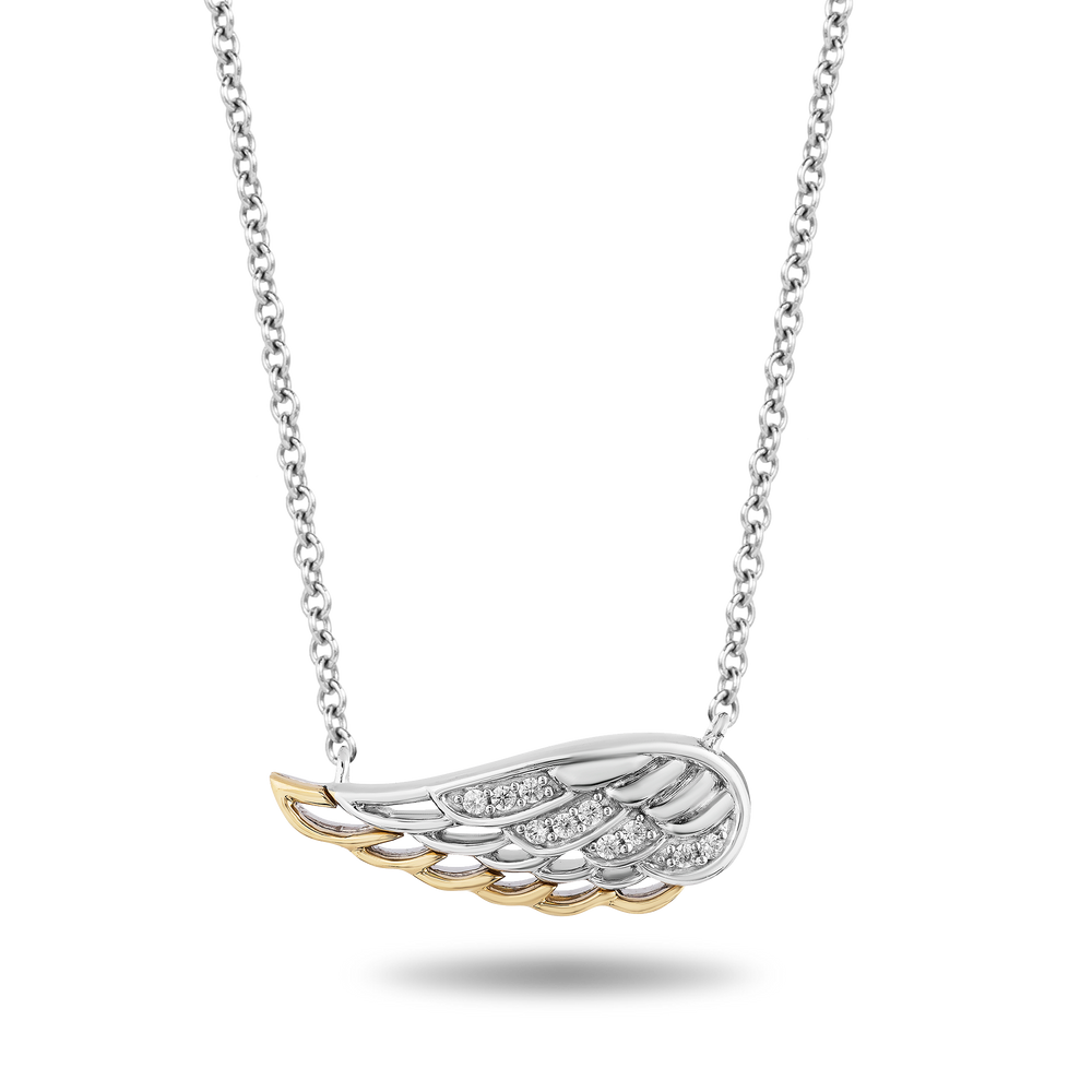 Hallmarkfinejewelry Take Flight Wing Necklace in Sterling Silver & 14K Yellow Gold with Diamonds