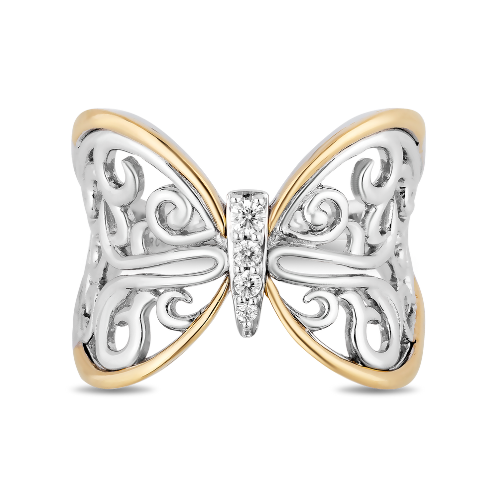 Hallmarkfinejewelry Filigree Fashion Butterfly Diamond Ring in Sterling Silver & Yellow Gold View 1