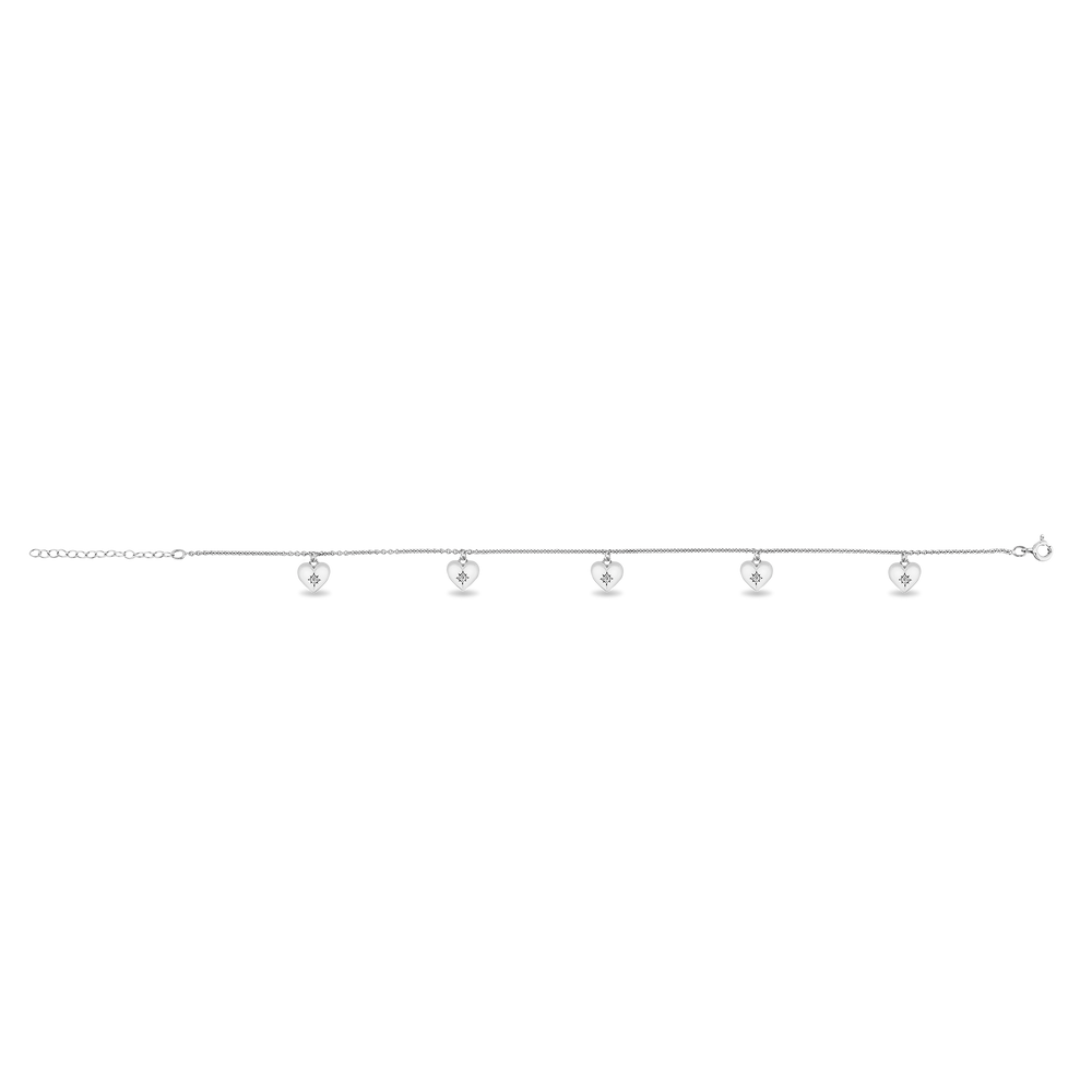Hallmarkfinejewelry Puffed Heart Diamond Anklet in Sterling Silver of Star Set Diamonds View 1