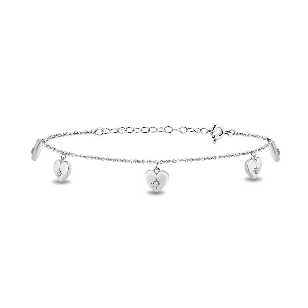Hallmarkfinejewelry Puffed Heart Diamond Anklet in Sterling Silver of Star Set Diamonds View 1