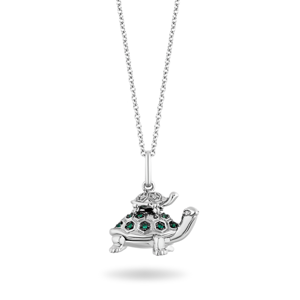 Hallmarkfinejewelry Turtle Diamond Pendant in Sterling Silver & Created Emerald View 1