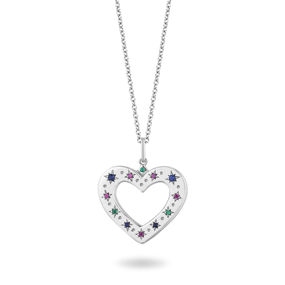 Hallmarkfinejewelry Heart Diamond Pendant in Sterling Silver with Star Set Rainbow Gemstones View 1
