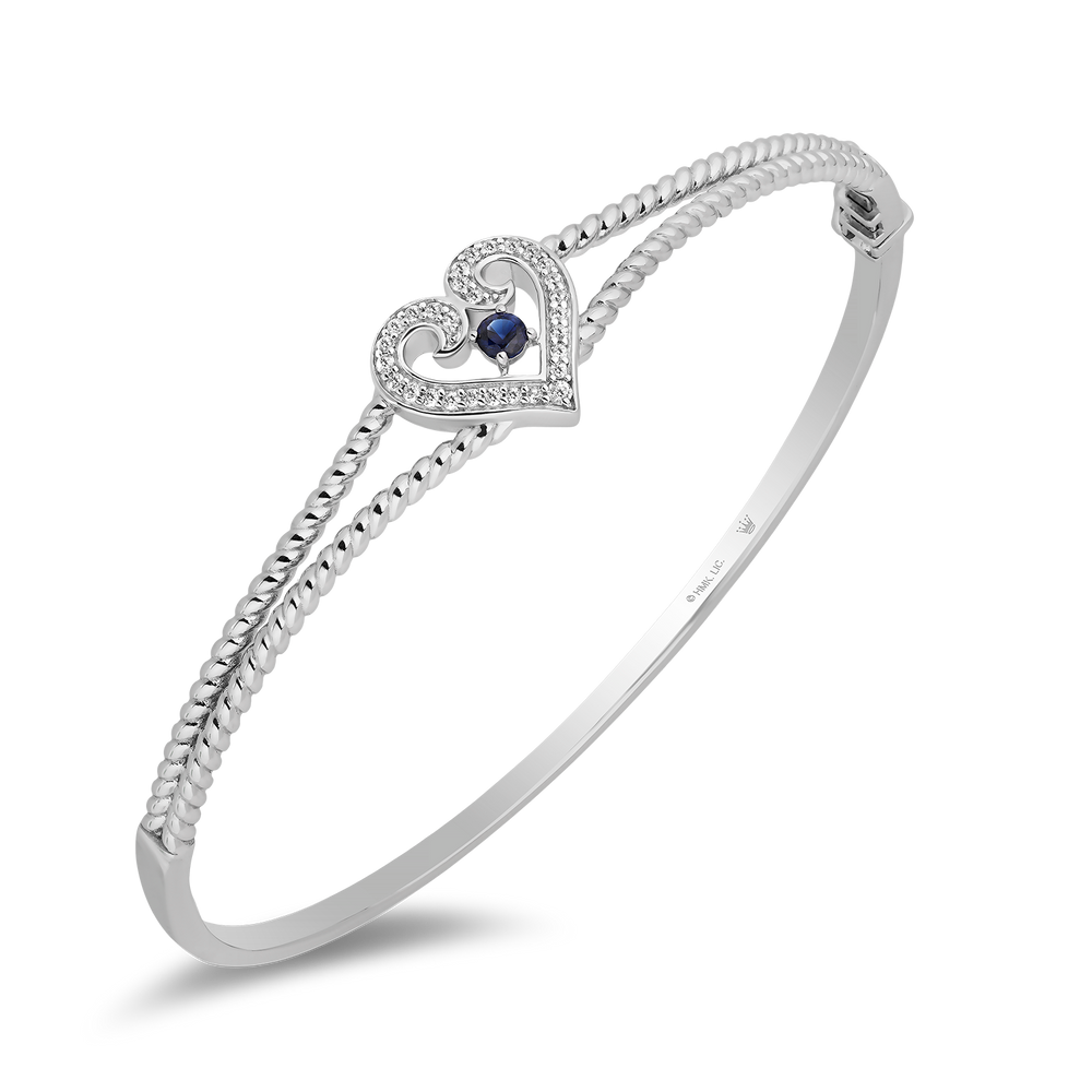 Hallmarkfinejewelry Follow Your Heart Bangle in Sterling Silver with Created Blue Sapphire & Diamonds