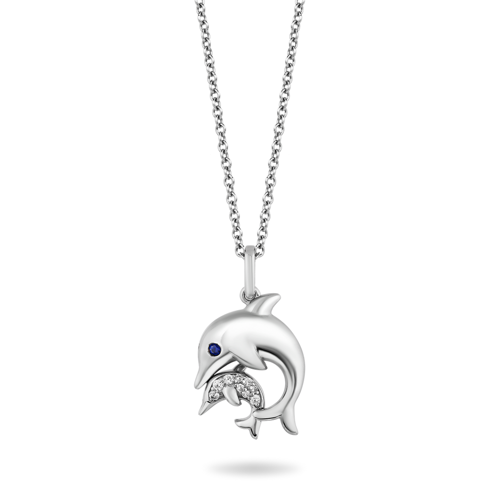 Hallmarkfinejewelry Dolphin Mama & Baby Pendant in Sterling Silver with Blue & White Diamonds