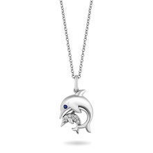 Load image into Gallery viewer, Hallmarkfinejewelry Dolphin Mama &amp; Baby Pendant in Sterling Silver with Blue &amp; White Diamonds
