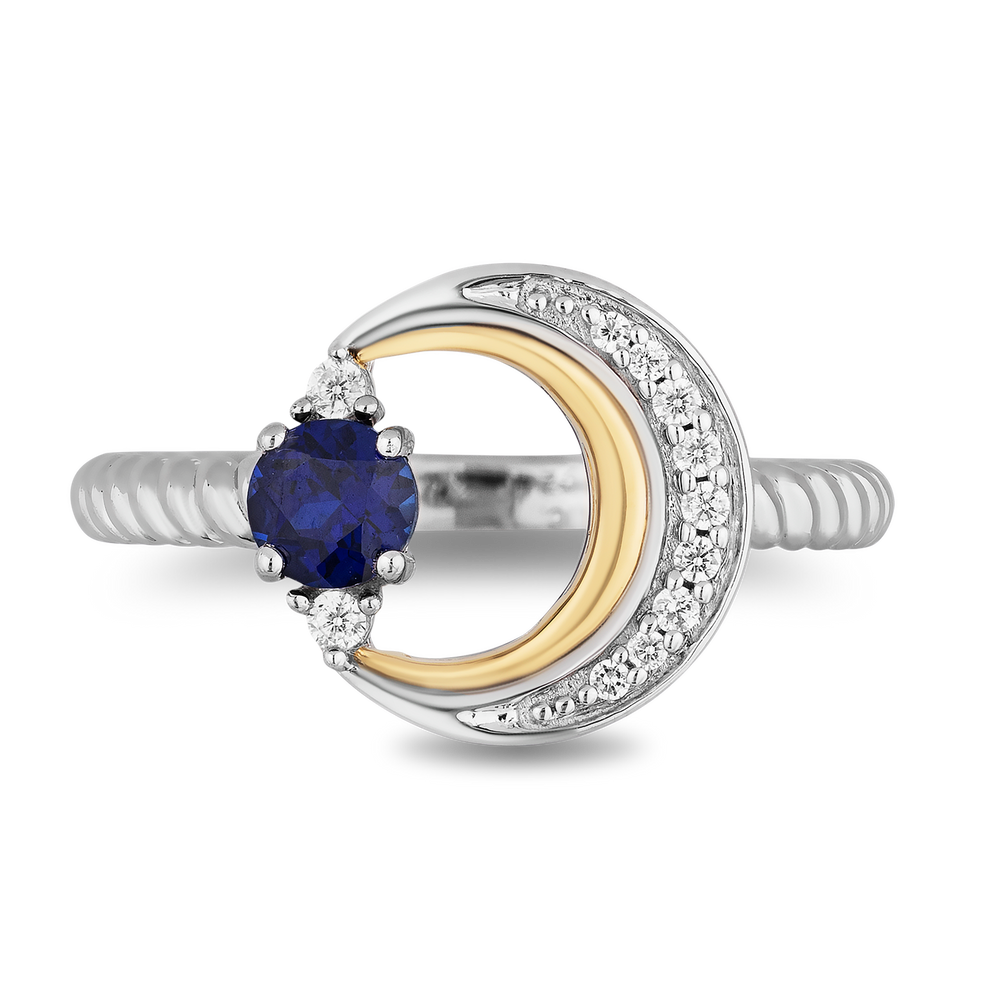 Hallmarkfinejewelry Crescent Moon Ring in Sterling Silver & 14K Yellow Gold with Created Sapphire & Diamonds