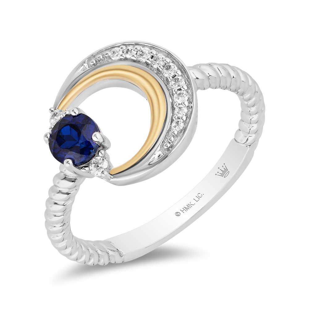 Hallmarkfinejewelry Crescent Moon Ring in Sterling Silver & 14K Yellow Gold with Created Sapphire & Diamonds