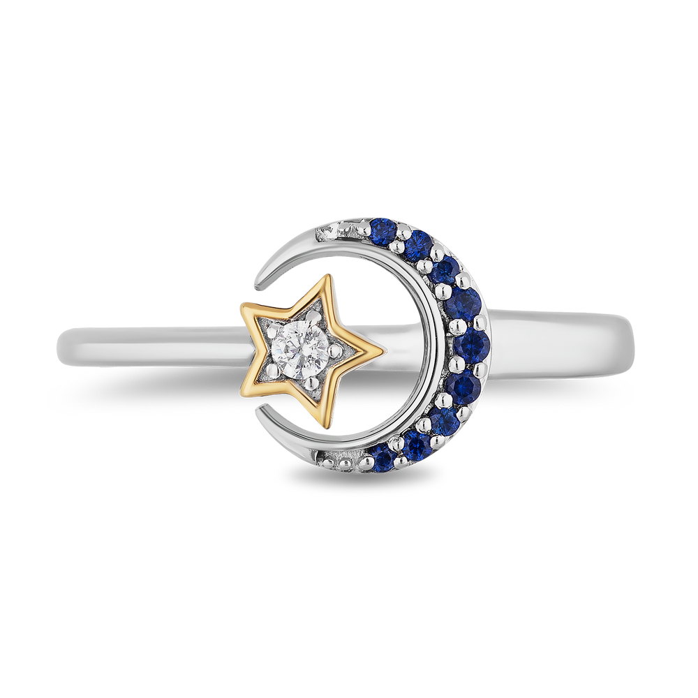 Hallmarkfinejewelry Midnight Sky Crescent Moon Ring in Sterling Silver & 14K Yellow Gold with Created Blue Sapphires and Diamond