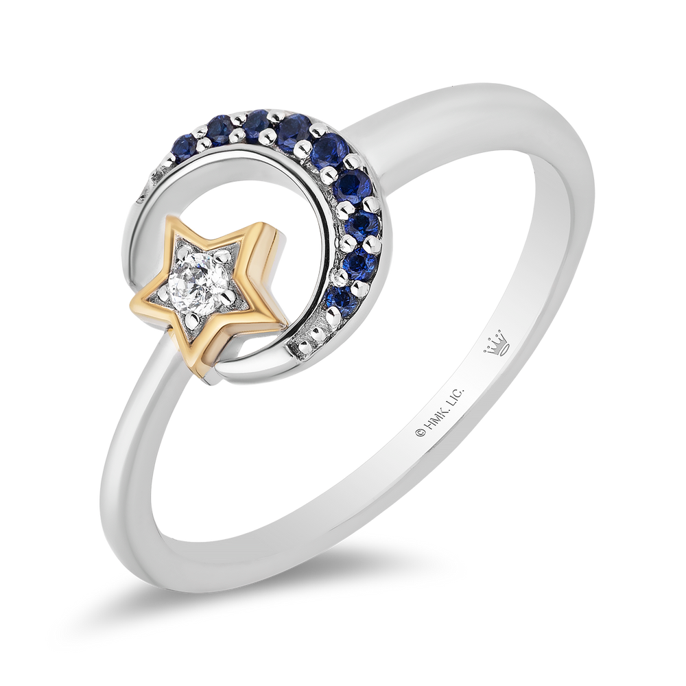 Hallmarkfinejewelry Midnight Sky Crescent Moon Ring in Sterling Silver & 14K Yellow Gold with Created Blue Sapphires and Diamond