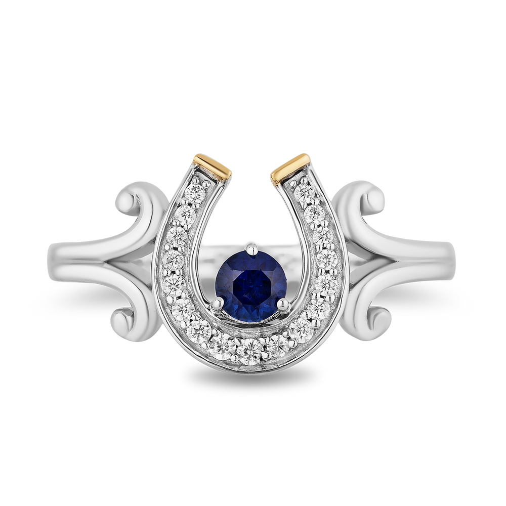 Hallmarkfinejewelry Good Luck Horseshoe Ring in Sterling Silver & 14K Yellow gold with Created Blue Sapphire & Diamonds