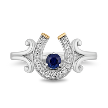 Load image into Gallery viewer, Hallmarkfinejewelry Good Luck Horseshoe Ring in Sterling Silver &amp; 14K Yellow gold with Created Blue Sapphire &amp; Diamonds
