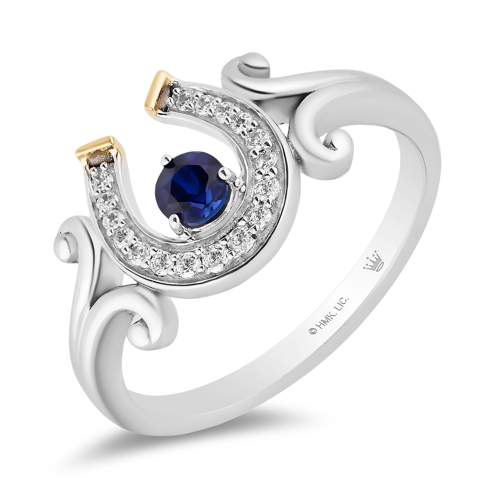 Hallmarkfinejewelry Good Luck Horseshoe Ring in Sterling Silver & 14K Yellow gold with Created Blue Sapphire & Diamonds