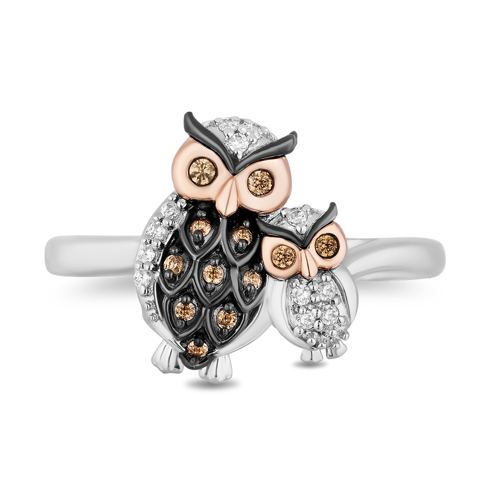 Hallmarkfinejewelry Mother Owl & Baby Owlet Ring in Sterling Silver & 14K Rose Gold with Champagne & White Diamonds