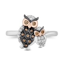 Load image into Gallery viewer, Hallmarkfinejewelry Mother Owl &amp; Baby Owlet Ring in Sterling Silver &amp; 14K Rose Gold with Champagne &amp; White Diamonds
