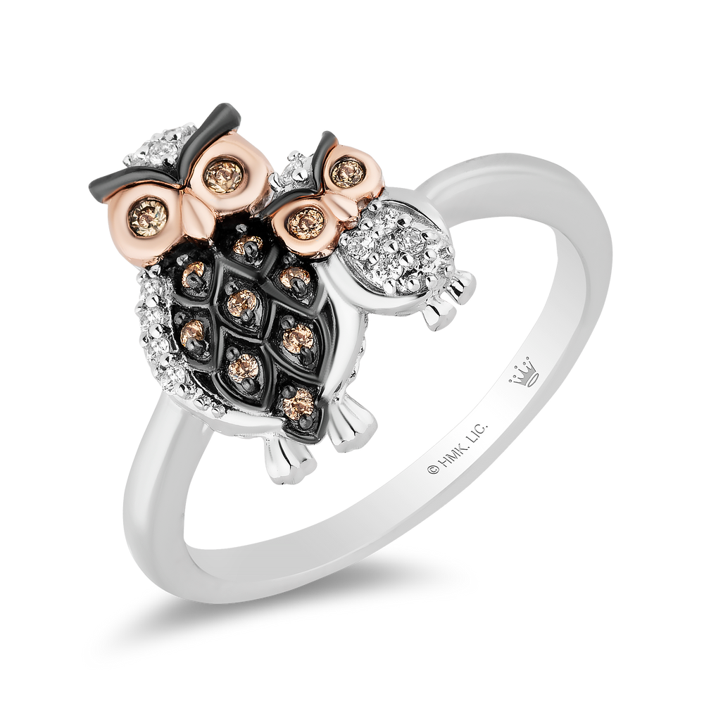 Hallmarkfinejewelry Mother Owl & Baby Owlet Ring in Sterling Silver & 14K Rose Gold with Champagne & White Diamonds