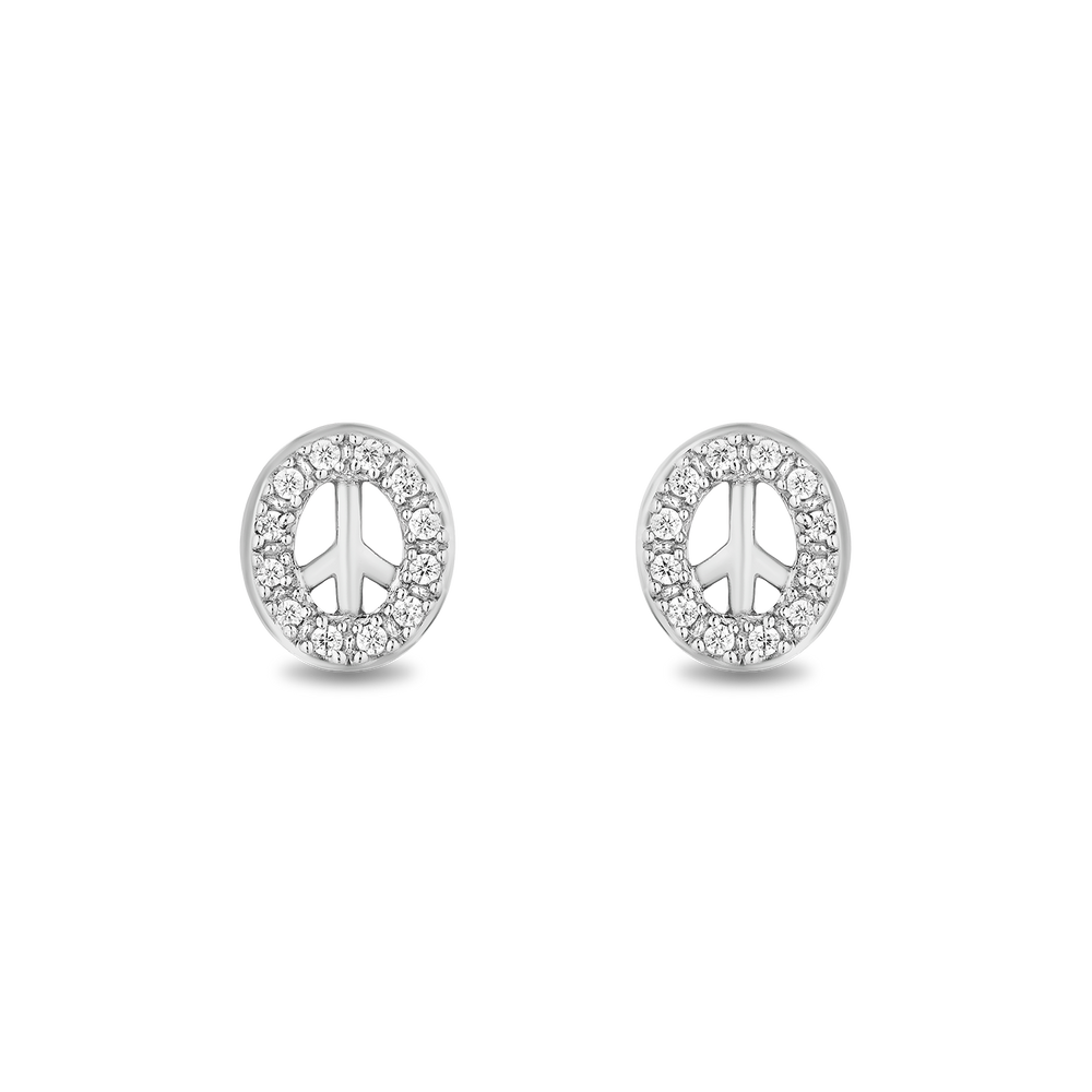 Hallmarkfinejewelry Peace Sign Stud Earrings in Sterling Silver with 1/8 Cttw of Diamonds