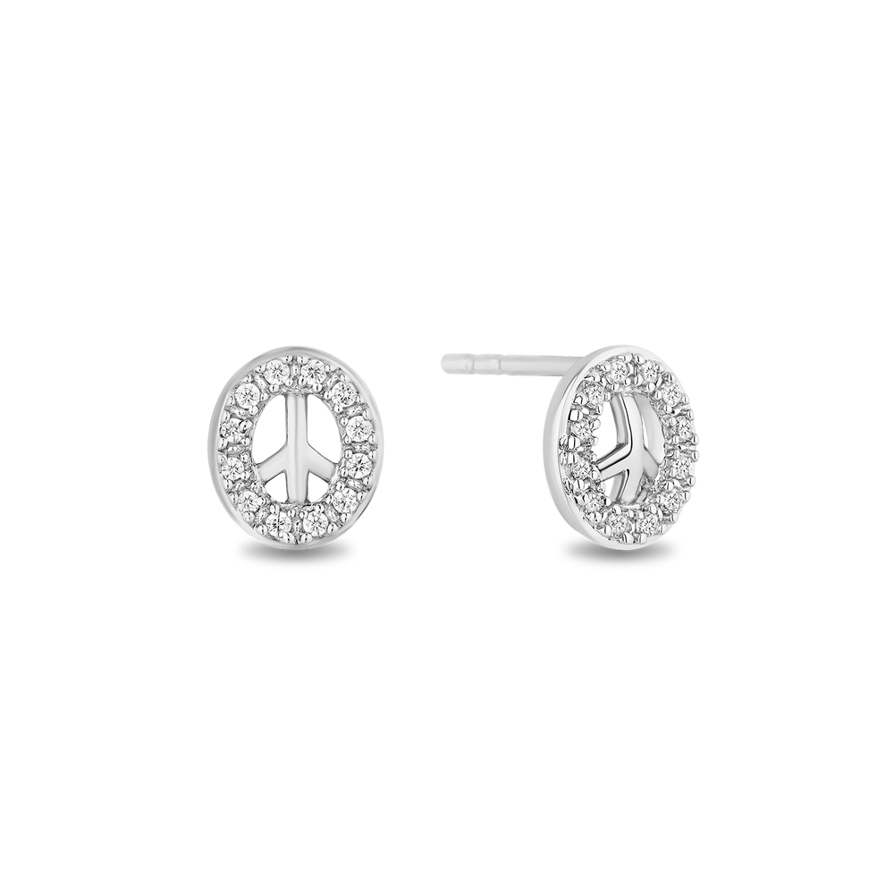 Hallmarkfinejewelry Peace Sign Stud Earrings in Sterling Silver with 1/8 Cttw of Diamonds