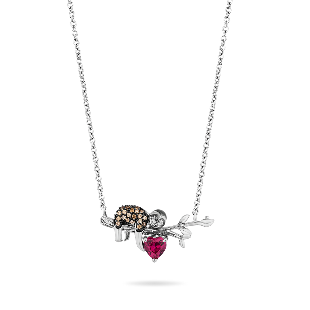 Hallmarkfinejewelry Sleepy Sloth Necklace in Sterling Silver with Champagne Diamonds & Created Ruby
