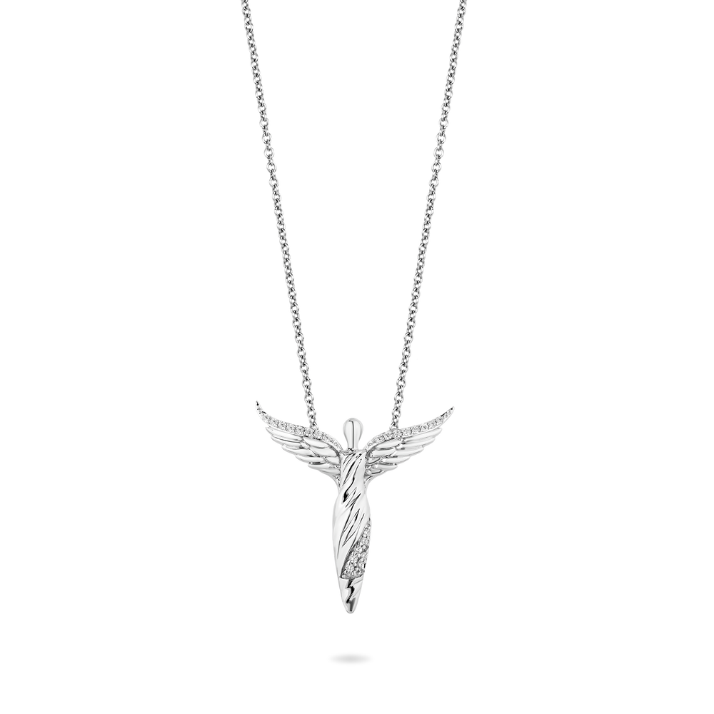 Hallmarkfinejewelry Modern Sculpted Angel Necklace in Sterling Silver with 1/8 Cttw of Diamonds