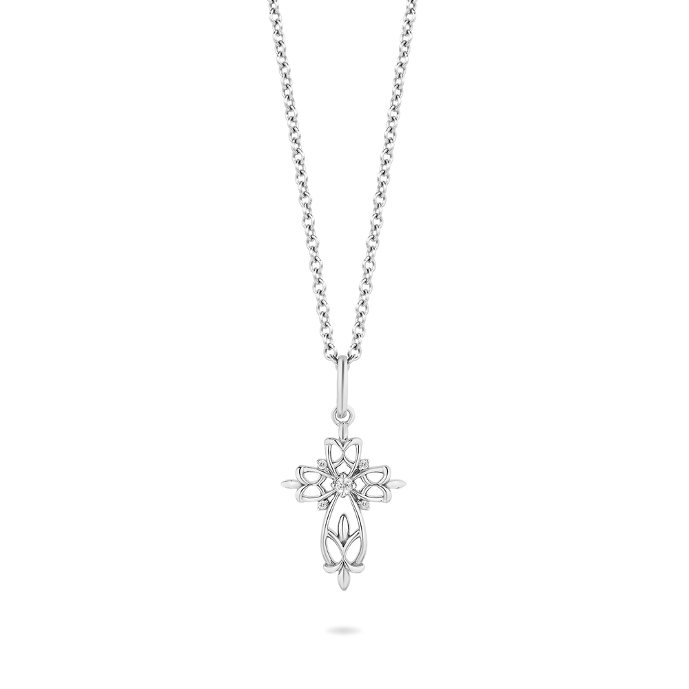 Hallmarkfinejewelry Art Nouveau Lace Cross Pendant in Sterling Silver with Diamonds
