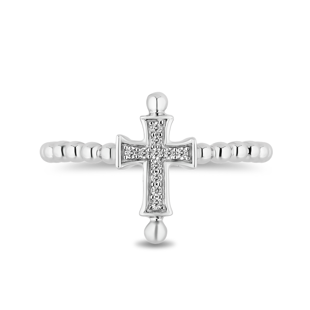 Hallmarkfinejewelry Petite Beaded Cross Ring in Sterling Silver with Diamonds
