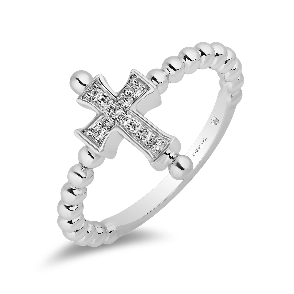 Hallmarkfinejewelry Petite Beaded Cross Ring in Sterling Silver with Diamonds