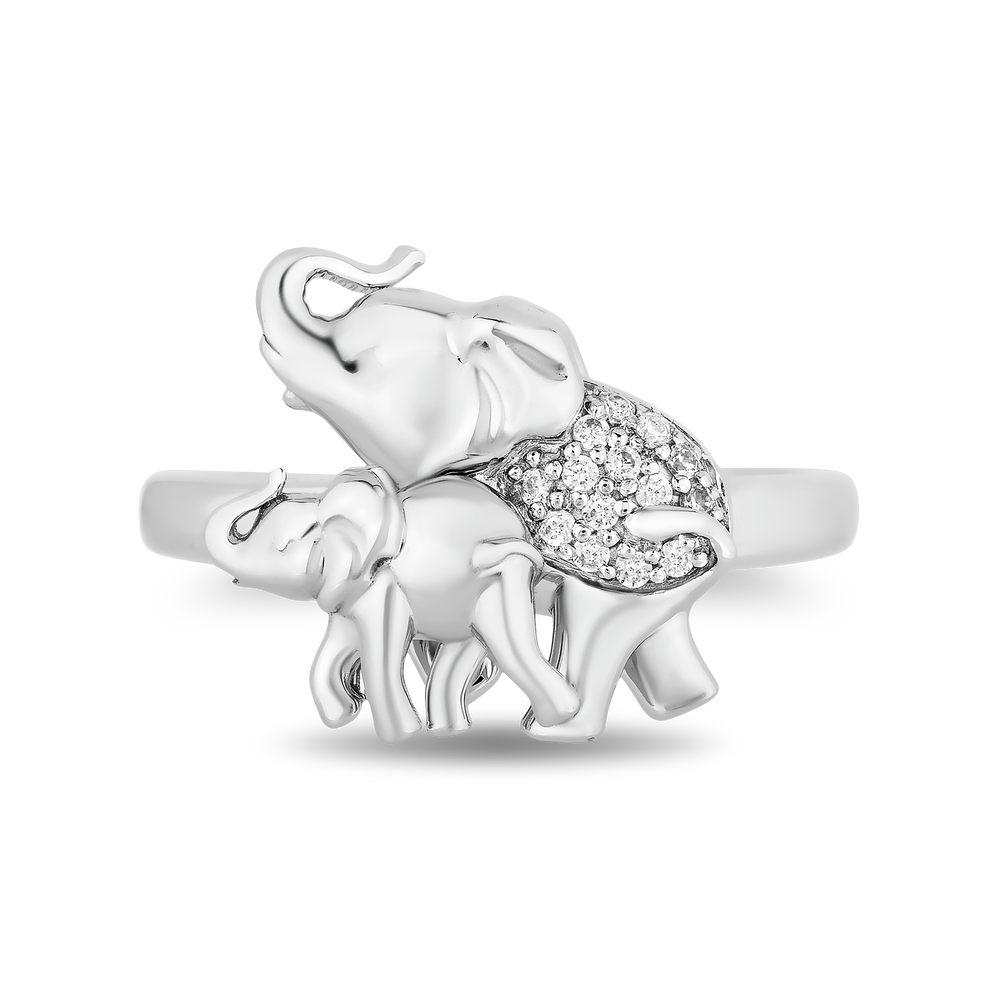 Hallmarkfinejewelry Elephant Mama & Baby Ring in Sterling Silver with Diamonds