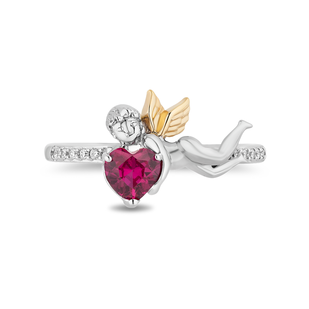Hallmarkfinejewelry Cupid’s Love Ring in Sterling Silver & 14K Yellow Gold with Diamonds & Created Ruby
