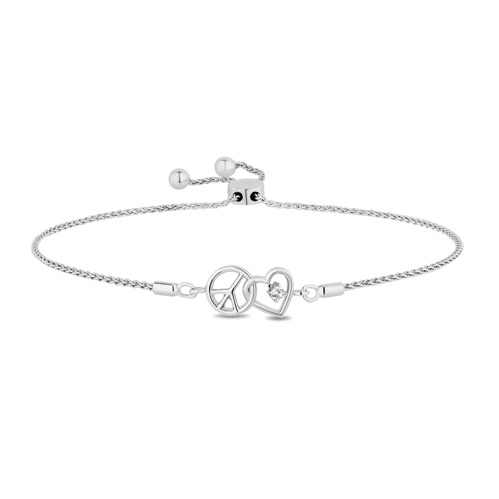 Hallmarkfinejewelry Peace and Love Bolo Bracelet in Sterling Silver with Diamond Accents