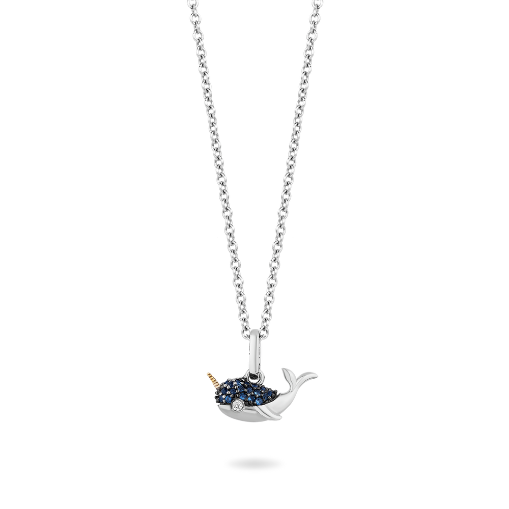 Hallmarkfinejewelry Narwhal Pendant in Sterling Silver & 14K Yellow Gold with Blue & White Diamonds