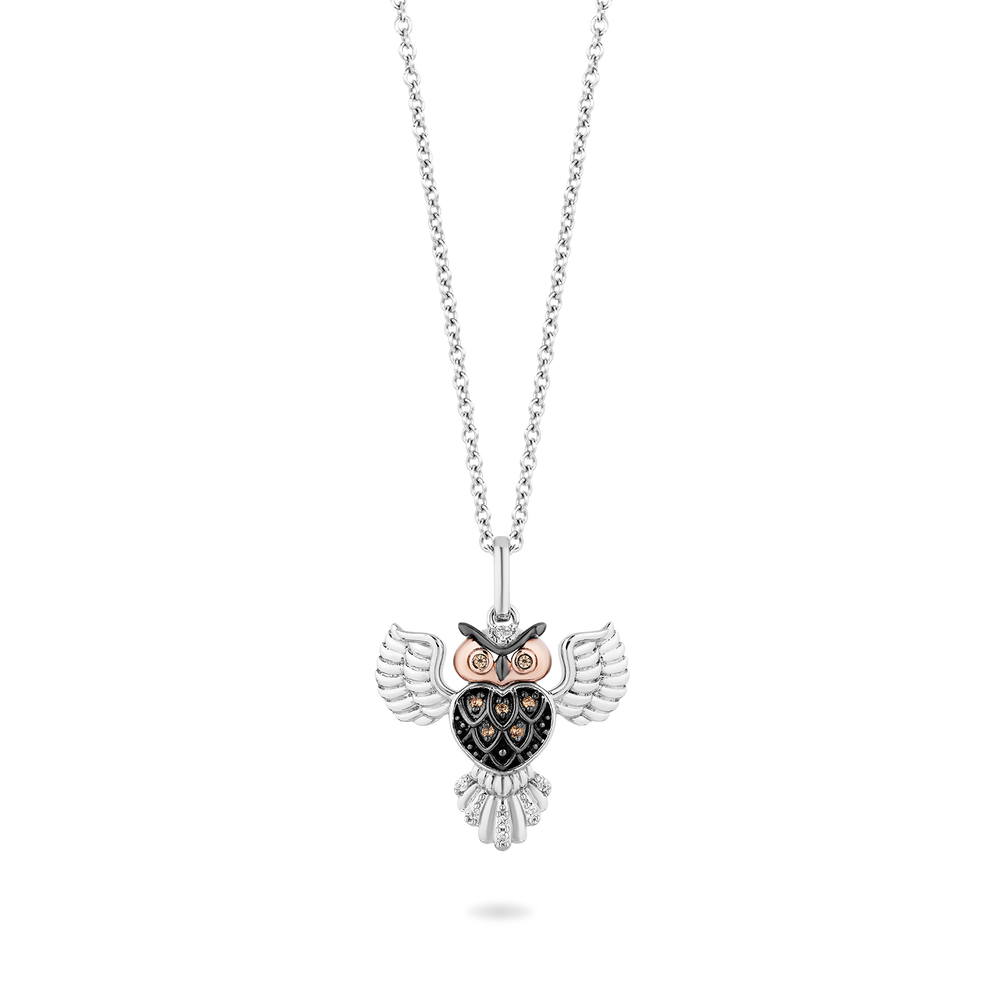 Hallmarkfinejewelry Great Horned Owl Pendant in Sterling Silver & 14K Rose Gold with Champagne & White Diamonds