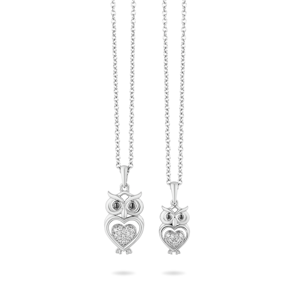 Hallmarkfinejewelry Two-of-a-Kind Owl Pendants in Sterling Silver with Diamonds